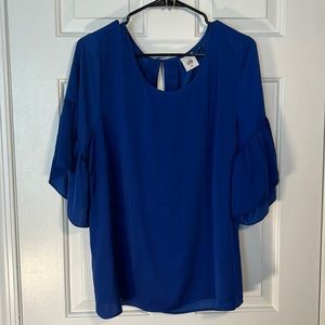 Cabi Rhyme Blue Flutter Sleeve Satin Blouse Size XL